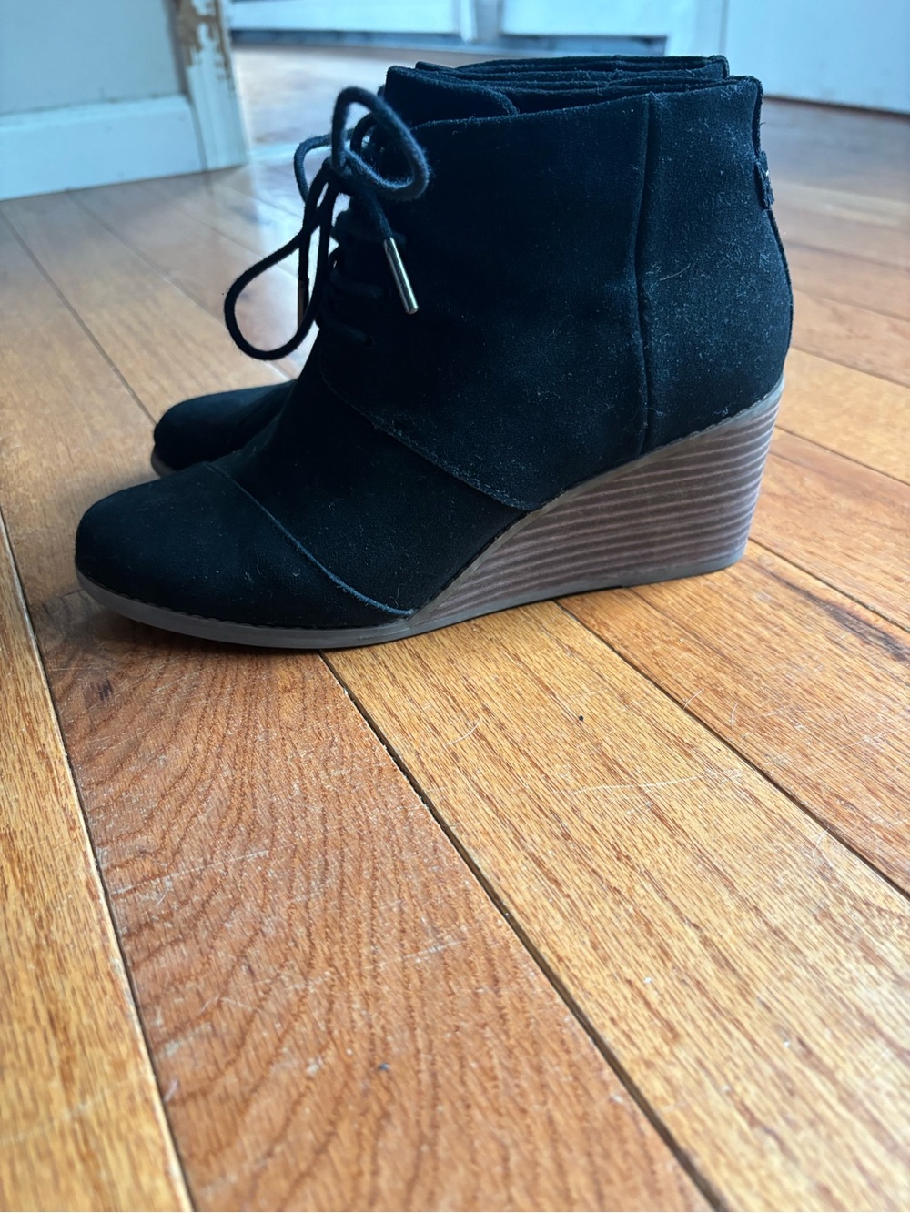 Toms Black Suede Lace-Up Wedge Booties